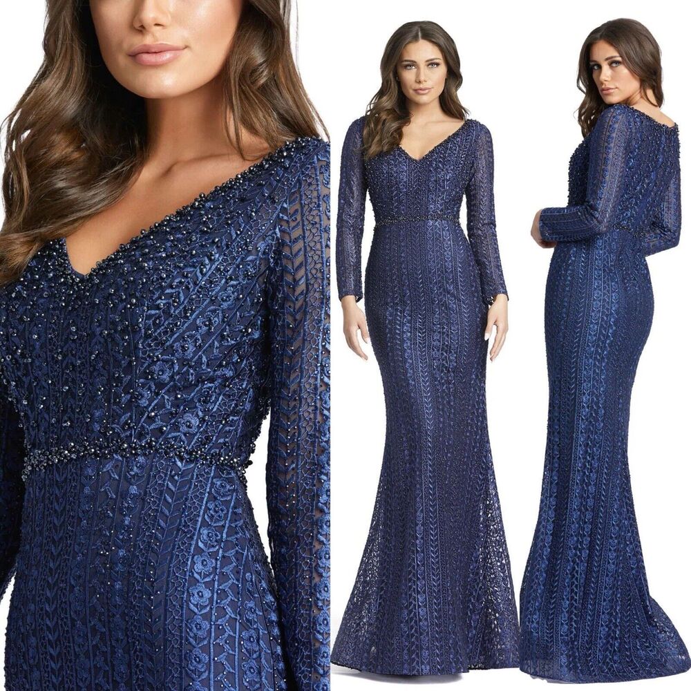 Mac Duggal Midnight Blue Long Sleeve Lace Embellished Trumpet Gown Size 14 $598